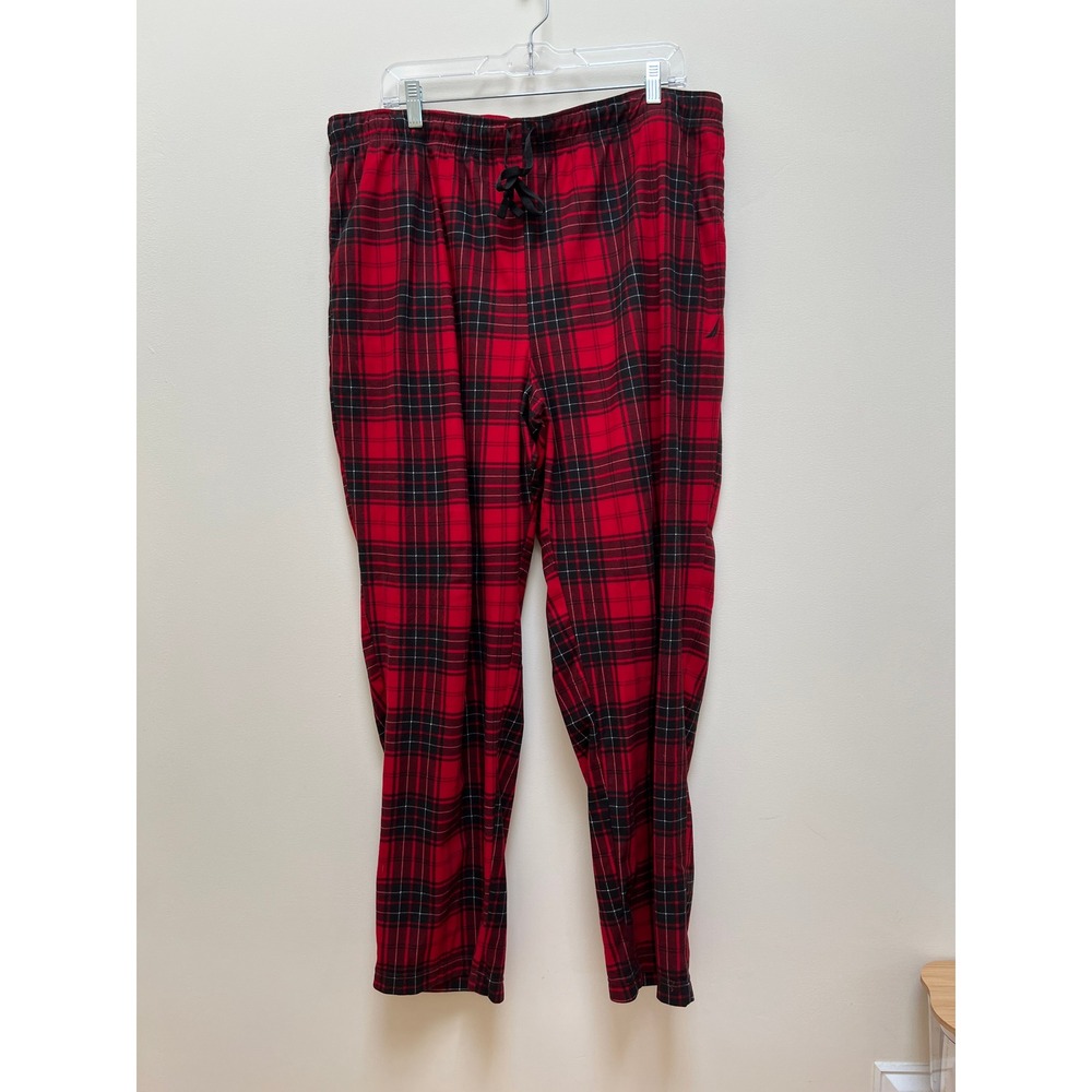 Nautica Pajama Pants Mens XL Red Black Plaid Luxe Fleece Very Soft Drawstring
